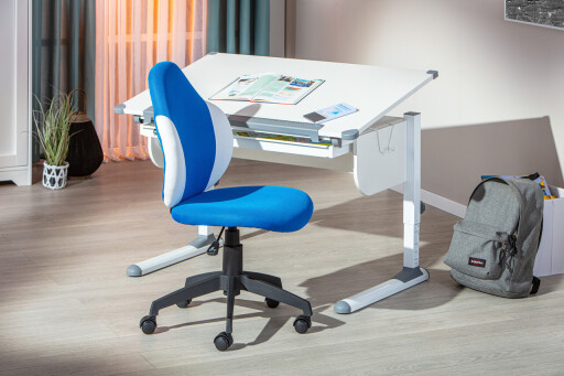 Scaun de birou pentru copii Jessi, Inter Link, 52x56x94-103.5 cm, rotativ, plastic/poliester, albastru/alb
