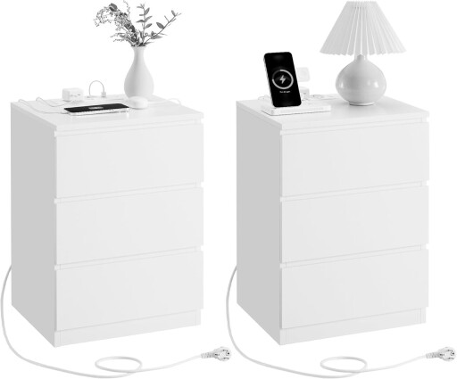 Set 2 noptiere cu prize si porturi USB, Vasagle, 40x35x59 cm, PAL/MDF, alb cloud