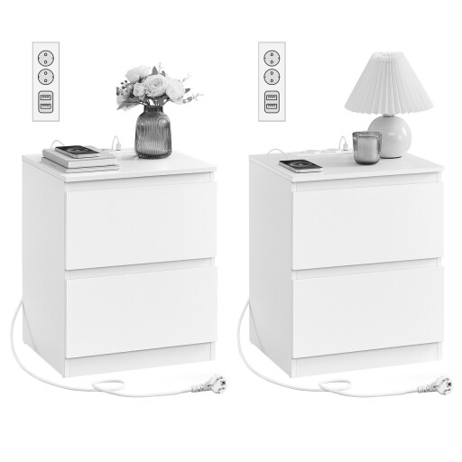 Set 2 noptiere cu prize si porturi USB Kailyn, Vasagle, 40x35x49 cm, MDF/PAL, alb