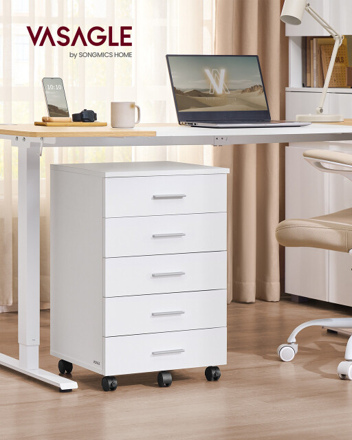 Dulap mobil pentru birou cu 5 sertare, 40x42x65.7 cm, MDF/PAL, alb cloud