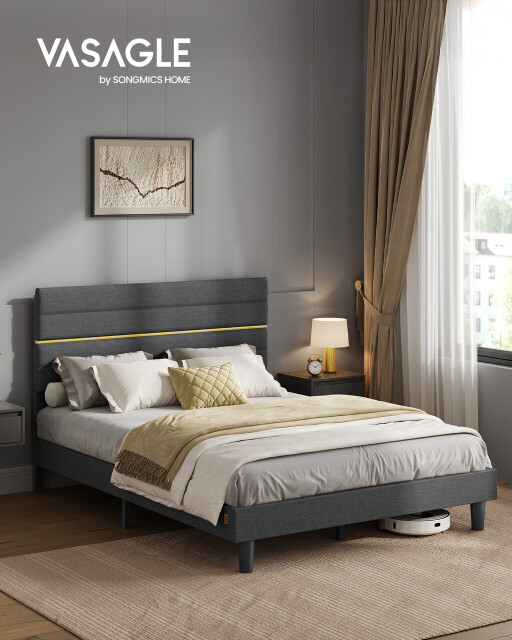 Pat dublu tapitat cu tablie reglabila, Vasagle, 140x200 cm, otel/imitatie in, gri