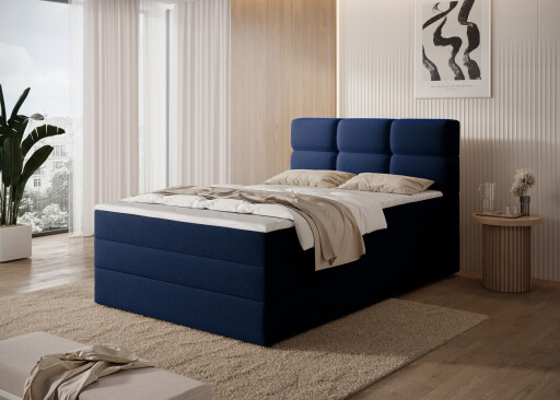 Pat continental tapitat cu lada depozitare, 120x200 cm, ELTAP, Kasped, lemn/poliester, albastru inchis