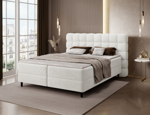 Pat continental tapitat cu lada depozitare, 160x200 cm, ELTAP, Camma, lemn/poliester, alb