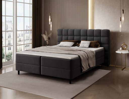 Pat continental tapitat cu lada depozitare, 160x200 cm, ELTAP, Camma, lemn/poliester, negru
