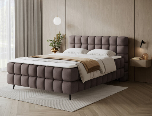 Pat continental tapitat cu lada depozitare, 180x200 cm, ELTAP, Sabeno, lemn/poliester, maro