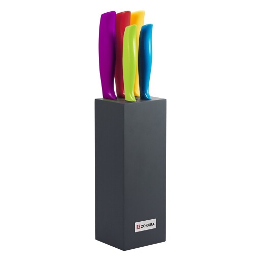 Set 5 cutite cu suport, Zokura, inox/polipropilena, multicolor/negru