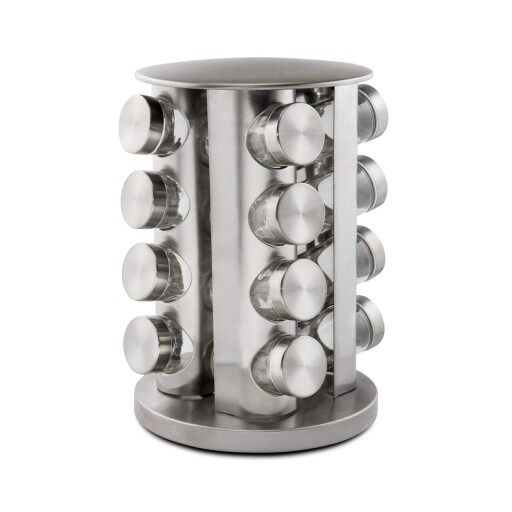 Set 16 recipiente condimente si suport, Zokura, 19 x 28 cm, 80 ml, inox/sticla
