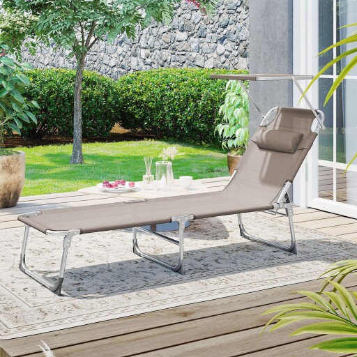 Sezlong pliabil cu parasolar si tetiera, Songmics, max 150 kg, 193x53x29.5 cm, grej