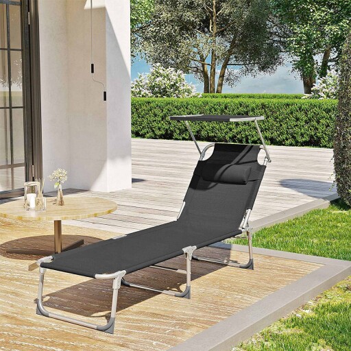 Sezlong pliabil cu parasolar si tetiera, Songmics, max 150 kg, 193x53x29.5 cm, negru