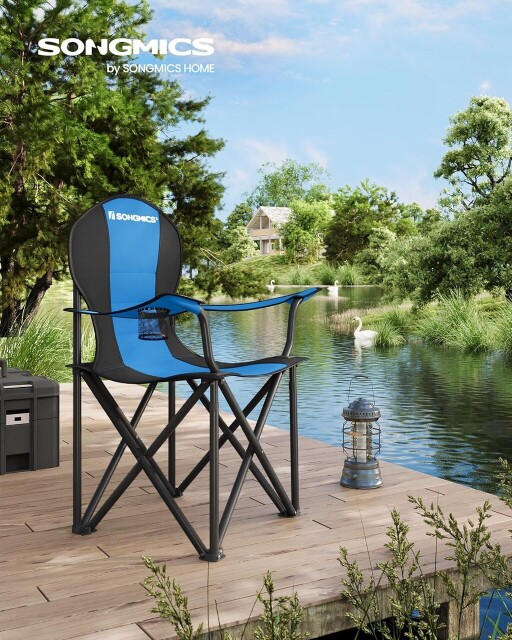 Scaun pliabil pentru camping, Songmics, max 250 kg, 90x55x102 cm, otel/tesatura Oxford/sezut din spuma, albastru