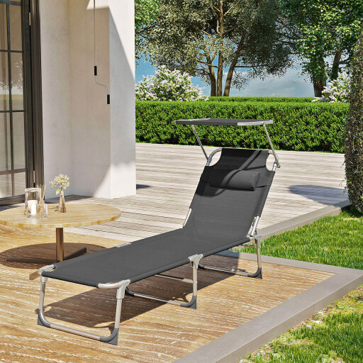 Sezlong pliabil cu parasolar si tetiera, Songmics, max 150 kg, 193x53x29.5 cm, gri inchis