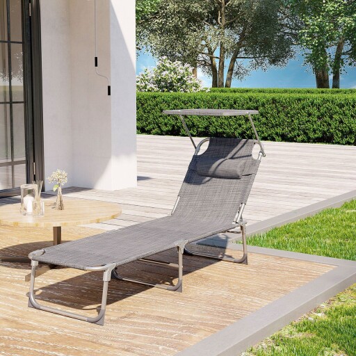 Sezlong pliabil cu parasolar si tetiera, Songmics, max 150 kg, 193x5329.5 cm, gri