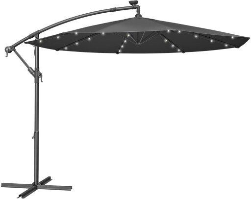 Umbrela pentru gradina cu picior lateral si iluminare LED solara, Songmics, 300 cm, protectie UV 50+, manivela pentru deschidere si inchidere, gri