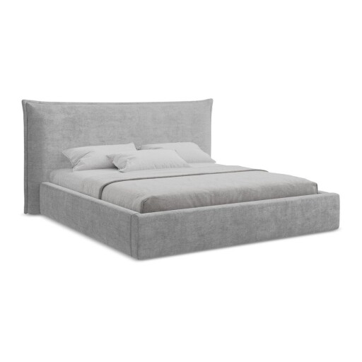 Pat matrimonial gri deschis tapițat cu spațiu de depozitare cu somieră 160x200 cm Esala – Makamii