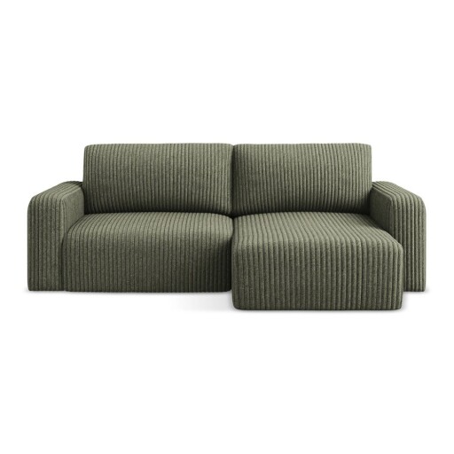 Colțar verde extensibil/cu spațiu de depozitare cu tapițerie din catifea reiată (cu colț pe partea dreaptă/cu șezlong) Kona – Makamii