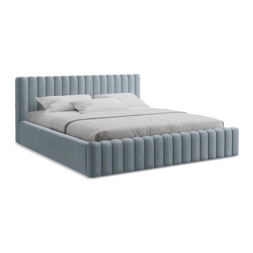 Pat matrimonial albastru deschis tapițat cu spațiu de depozitare cu somieră 180x200 cm Lemi – Makamii