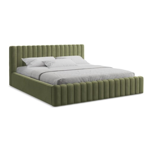 Pat matrimonial verde tapițat cu spațiu de depozitare cu somieră 160x200 cm Lemi – Makamii