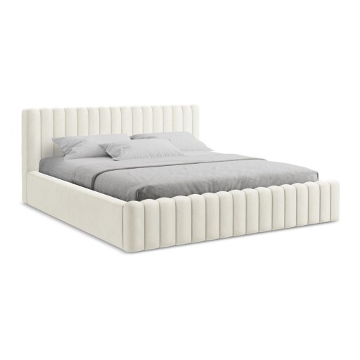 Pat matrimonial crem tapițat cu spațiu de depozitare cu somieră 180x200 cm Lemi – Makamii