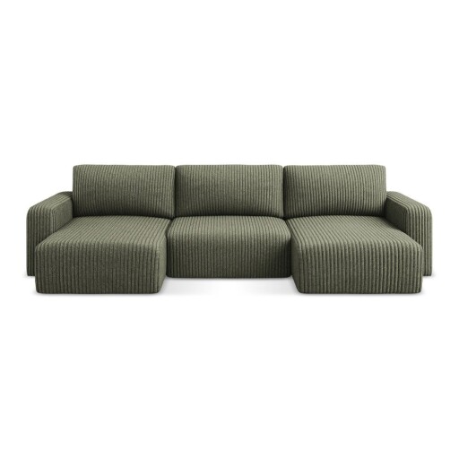 Colțar verde extensibil/cu spațiu de depozitare cu tapițerie din catifea reiată (în formă de "U") Kona – Makamii