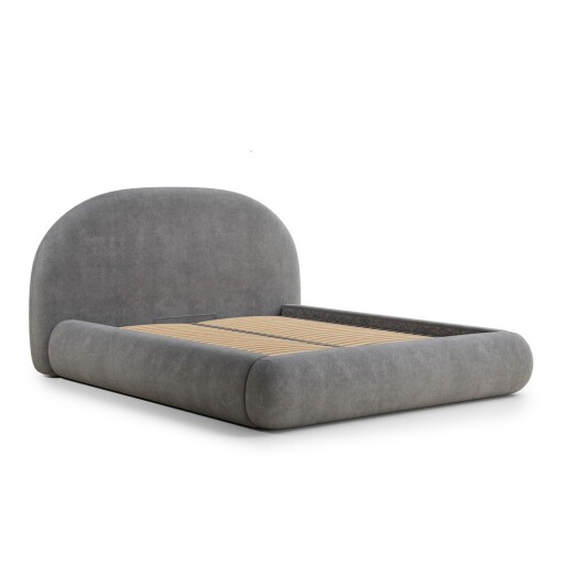 Pat matrimonial gri tapițat cu spațiu de depozitare cu somieră 180x200 cm Maumere – Maison de Rêve