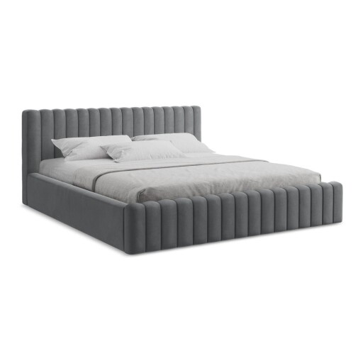 Pat matrimonial gri tapițat cu spațiu de depozitare cu somieră 160x200 cm Lemi – Makamii