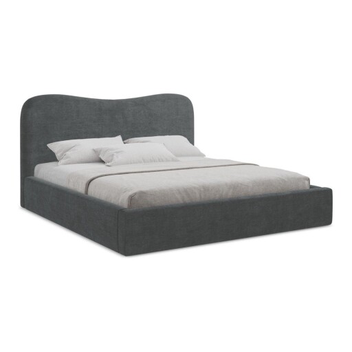 Pat matrimonial gri închis tapițat cu spațiu de depozitare cu somieră 140x200 cm Kahai – Makamii