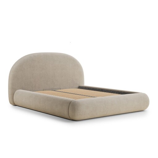 Pat matrimonial bej tapițat cu spațiu de depozitare cu somieră 180x200 cm Maumere – Maison de Rêve