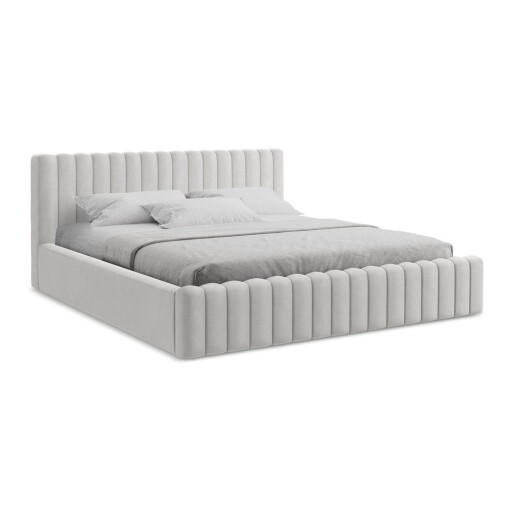 Pat matrimonial argintiu tapițat cu spațiu de depozitare cu somieră 180x200 cm Lemi – Makamii
