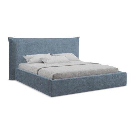 Pat matrimonial albastru tapițat cu spațiu de depozitare cu somieră 160x200 cm Esala – Makamii