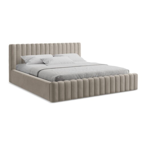 Pat matrimonial taupe tapițat cu spațiu de depozitare cu somieră 160x200 cm Lemi – Makamii