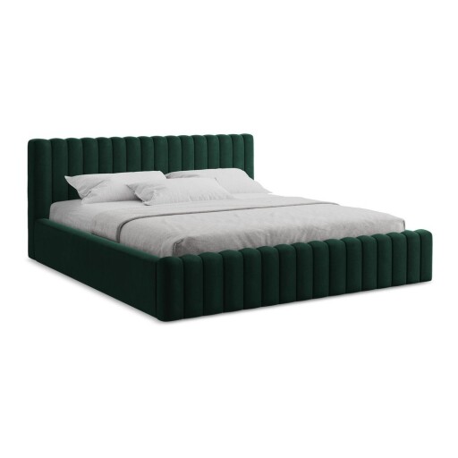 Pat matrimonial verde închis tapițat cu spațiu de depozitare cu somieră 140x200 cm Lemi – Makamii