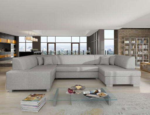 Coltar extensibil dreapta 6 locuri ELTAP, Hv44, Havana, 322x204x72 cm, lemn/poliester, gri deschis