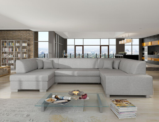Coltar extensibil stanga 6 locuri ELTAP, Hv46, Havana, 322x204x72 cm, lemn/poliester, gri deschis