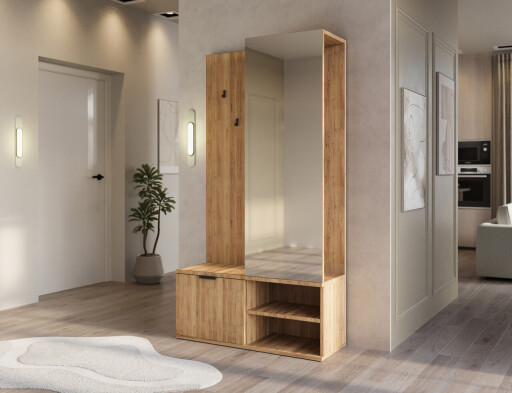 Dulap cu pantofar, cuier si oglinda ELTAP, Oturra, 100x35x189 cm, PAL, stejar