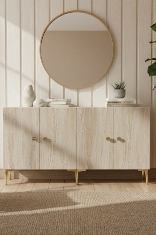 Consola, Hanah Home, Simple 150, 150x75x32 cm, White / Travertine / Gold
