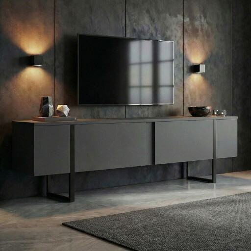 Comoda TV, Nordure, Onera, 180x50x30 cm, Antracit / Negru