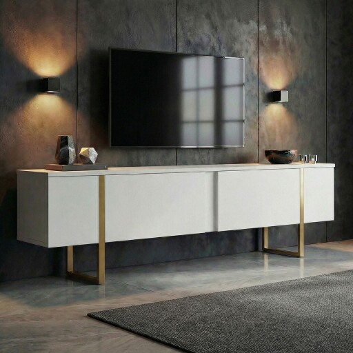 Comoda TV, Nordure, Onera, 180x50x30 cm, Alb/Auriu