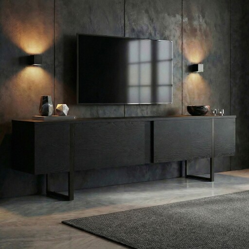 Comoda TV, Nordure, Onera, 180x50x30 cm, Negru lemn / Negru