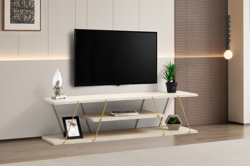 Comoda TV, Hanah Home, Canaz, 120x33x30 cm, Travertin / Auriu