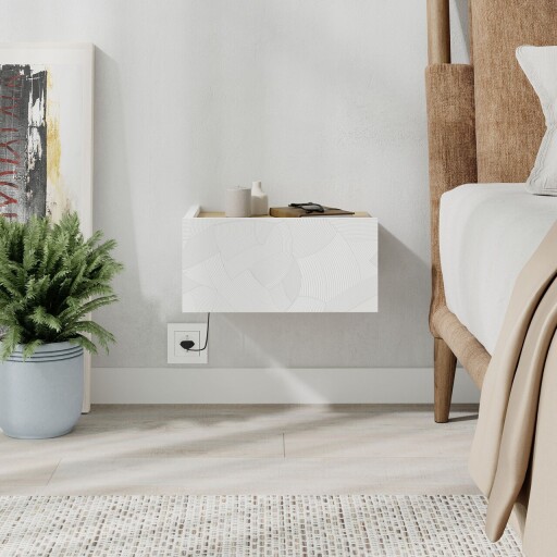Noptiera, Hanah Home, Onda LED, 38.4x18.5x31 cm, Alb / Stejar