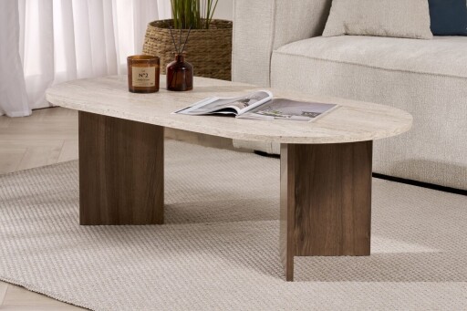 Masuta de cafea, Nordure, Sable, 119x40x60 cm, Travertin / Nuc