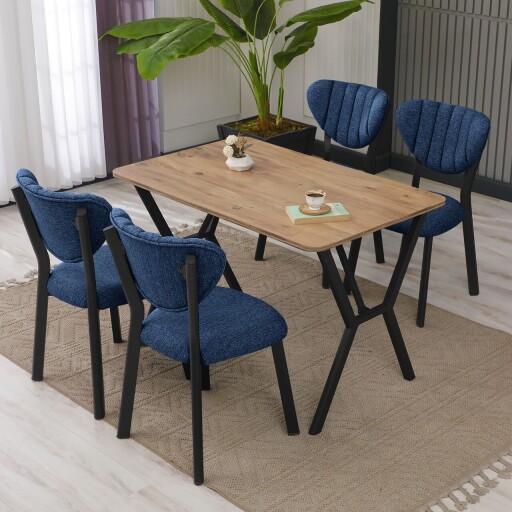 Set masa extensibila si scaune, Hanah Home, Elma, Albastru marin / Nuc