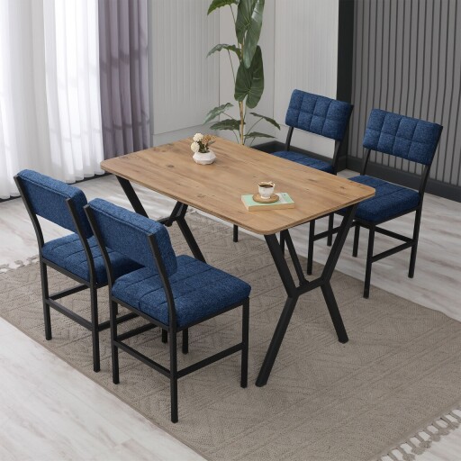Set masa extensibila si scaune, Hanah Home, Dubai, Albastru marin / Nuc