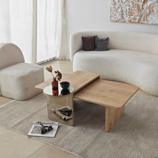 Set masute de cafea, Hanah Home, Luna 2, Bronz / Stejar Safir