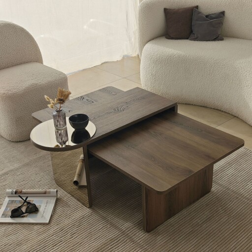 Set masute de cafea, Hanah Home, Luna 2, Bronz / Nuc