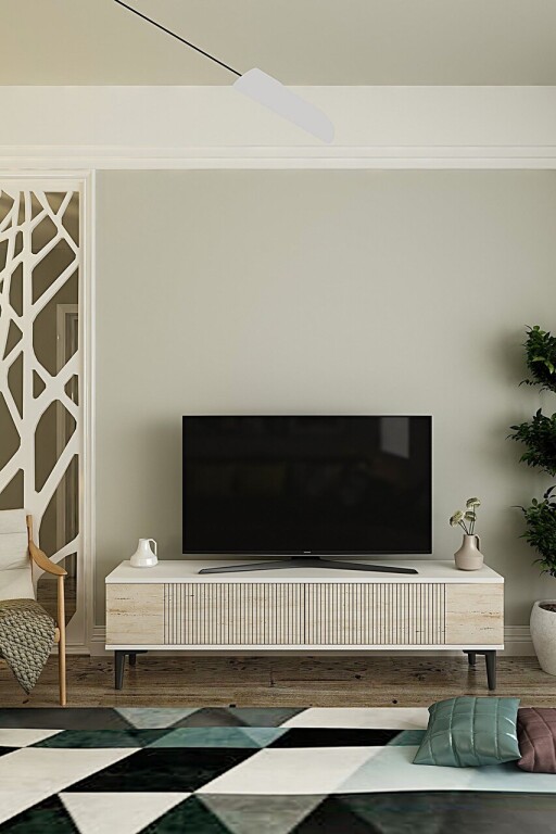 Comoda TV, Hanah Home, Corsa 120, 120x40.5x32 cm, Alb / Travertin
