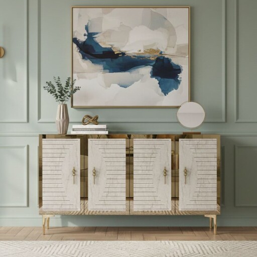 Consola, Hanah Home, Tuna 120, 120x75x32 cm, White / Travertine / Gold