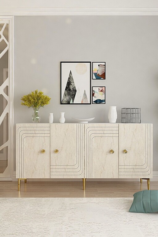 Consola, Hanah Home, Lessi 150, 150x75x32 cm, White / Travertine / Gold