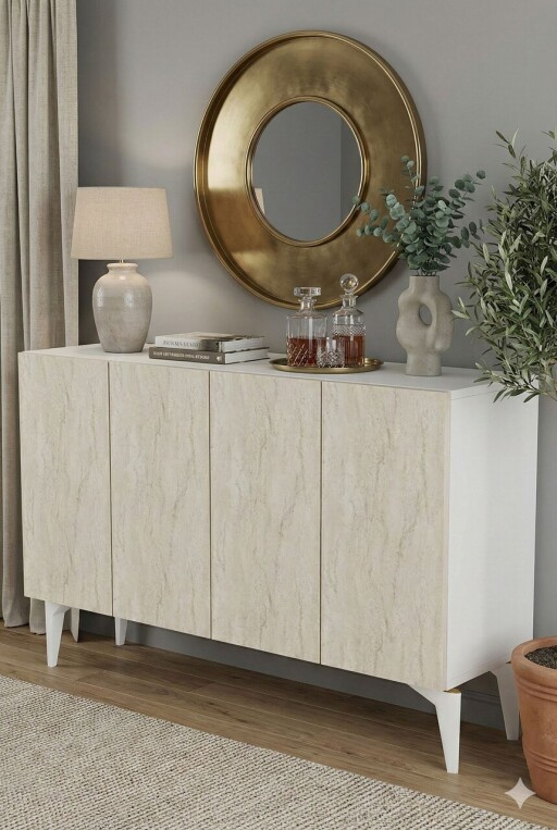 Consola, Hanah Home, Lipa 120, 120x79x32 cm, Alb / Travertin