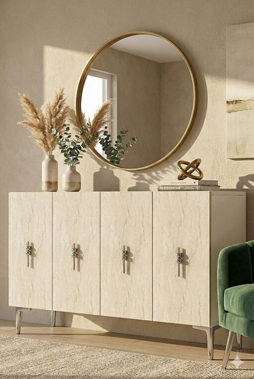 Consola, Hanah Home, Salkım 120, 120x79x32 cm, White / Travertine / Silver